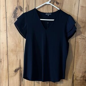 Adrianna Papell Navy V-Neck Blouse with Pleated Sleeves